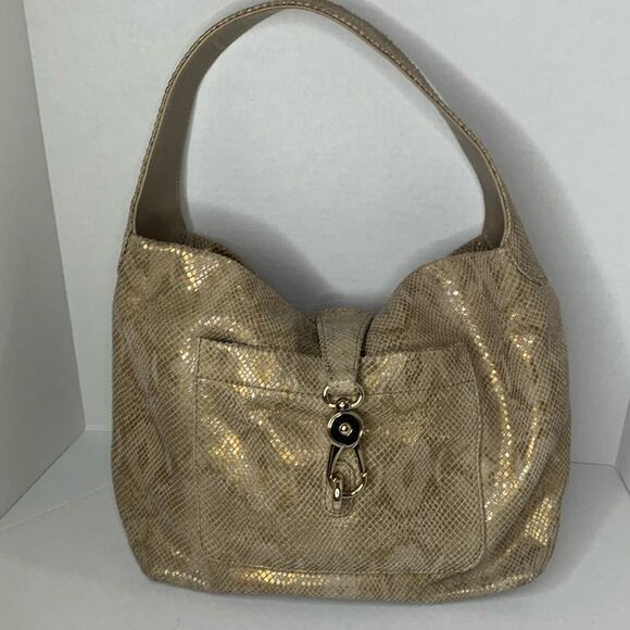 Dooney & Bourke Belvedere gold snakeskin textured leather Logo Lock hobo bag - Picture 1 of 14
